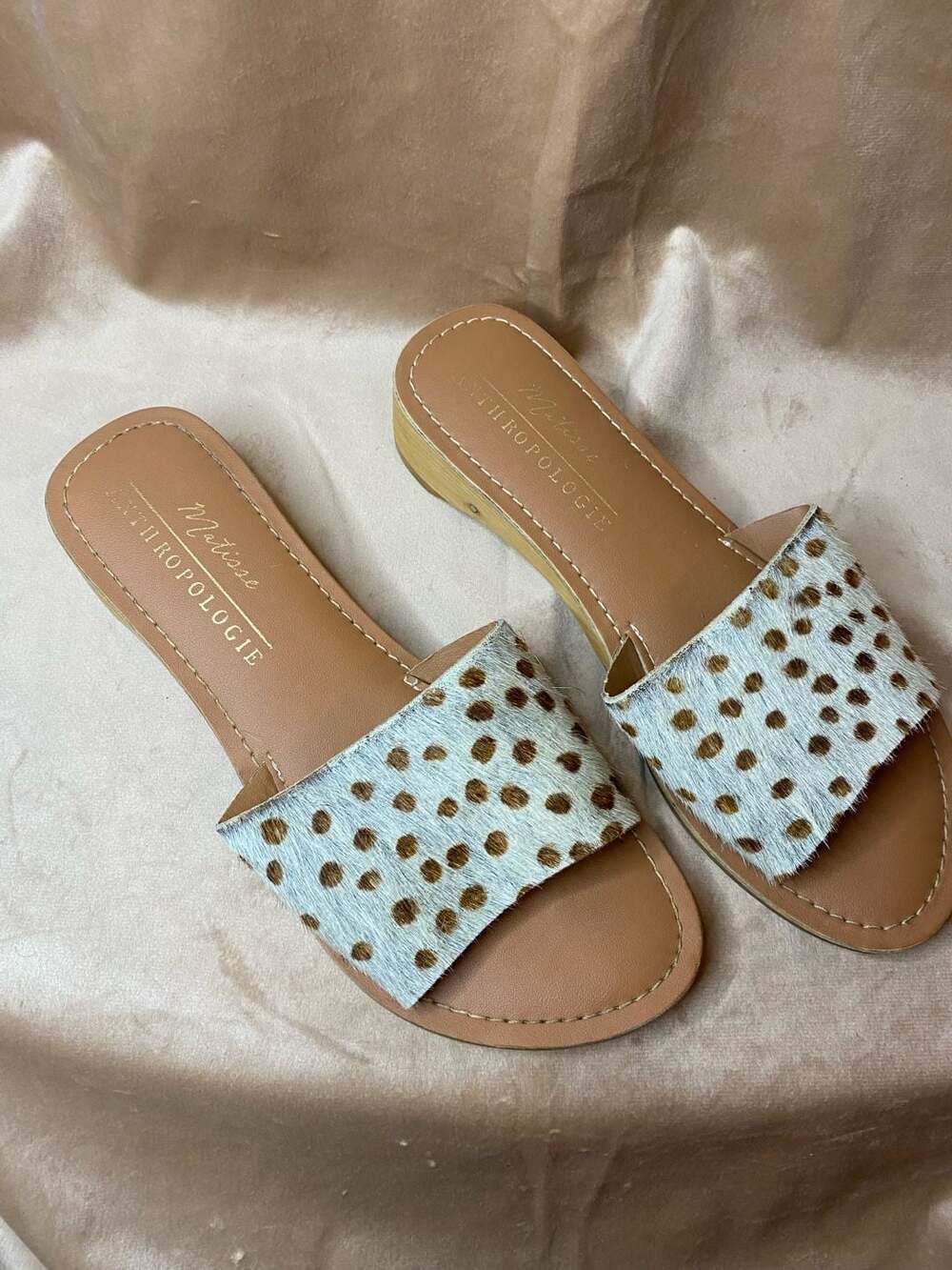 Matisse x Anthropologie Spotted Cow Hair Wood Wedge Slide Sandals